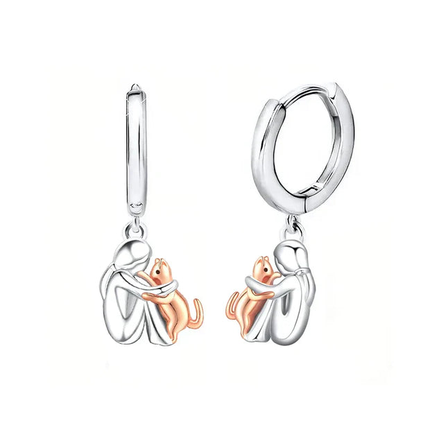 Closed Hoop Earrings with Cat Icon